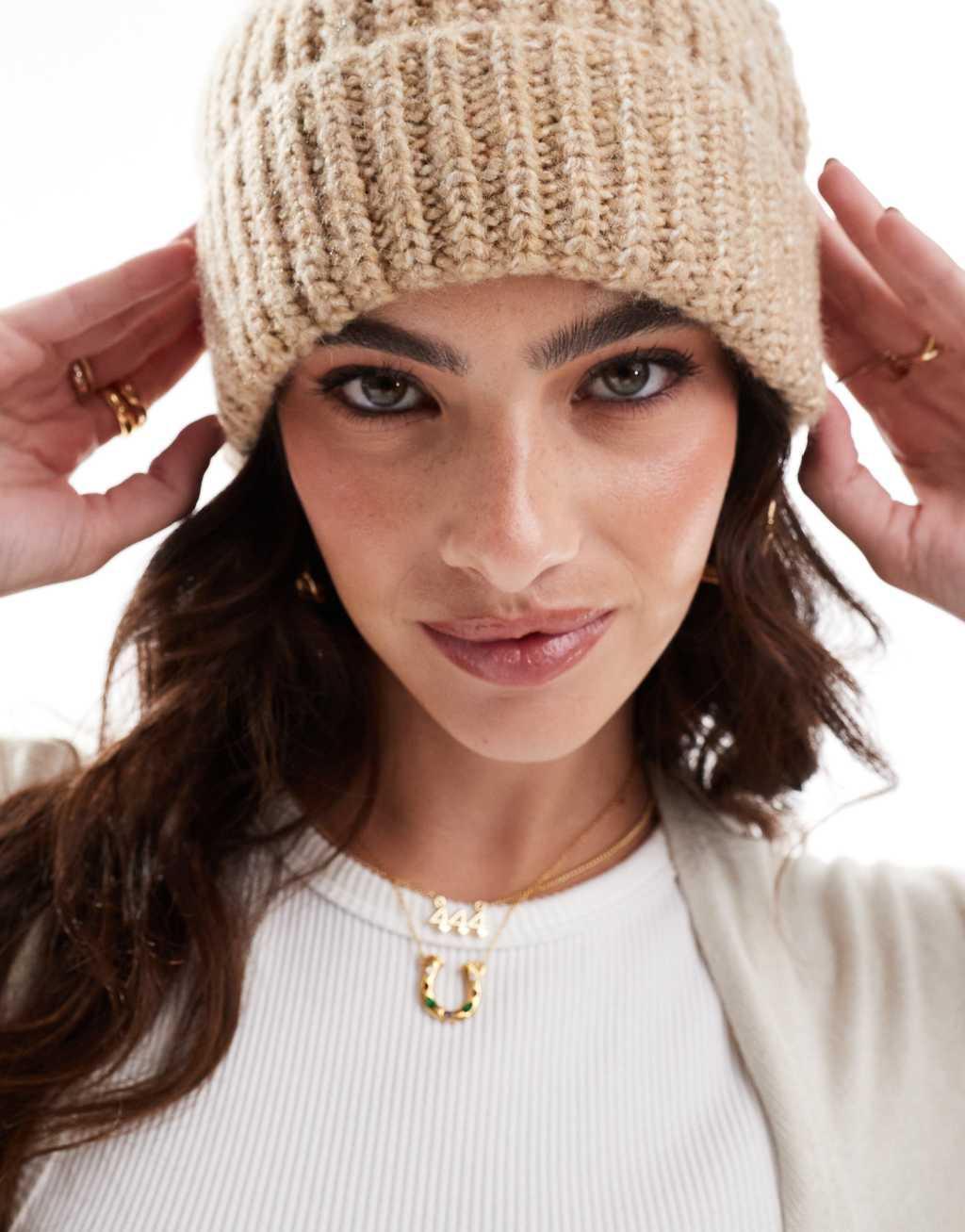 ASOS DESIGN chunky knit beanie in oatmeal Product Image