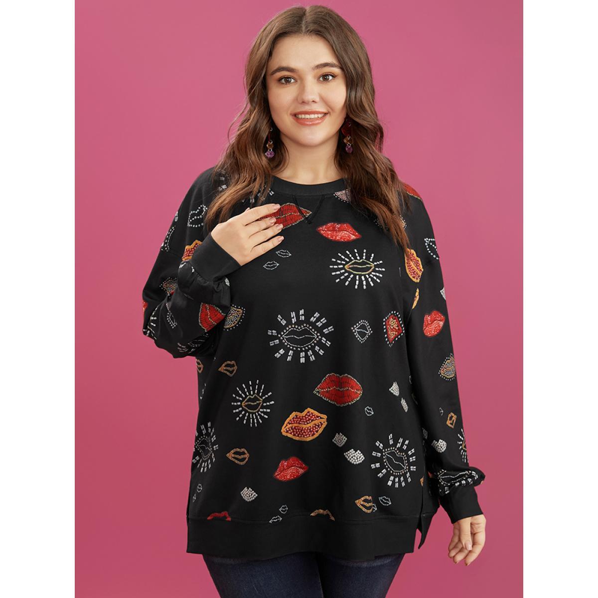 Plus Size Lip Print Split Hem Drop Shoulder Sweatshirt Women Black Casual Slit Round Neck Dailywear Sweatshirts BloomChic 28/5X Product Image