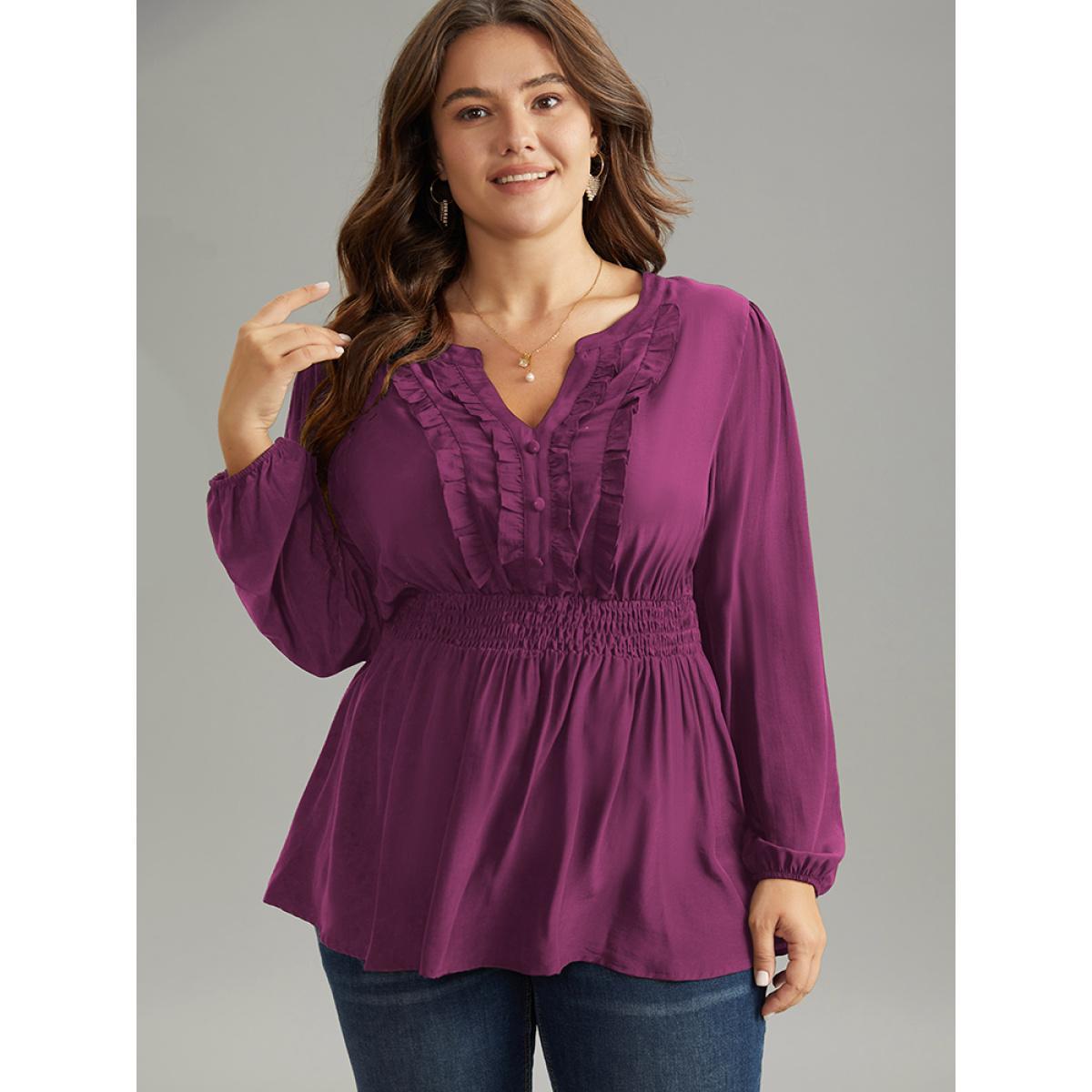 Plus Size RedViolet Solid Frill Trim Shirred Flutter Hem Blouse Women Elegant Long Sleeve Notched collar Dailywear Blouses BloomChic 12/L Product Image