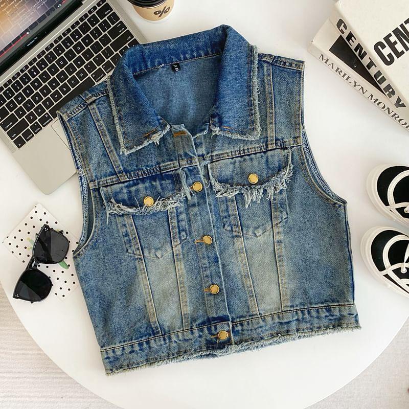 Washed Distressed Denim Single-Breasted Vest Product Image