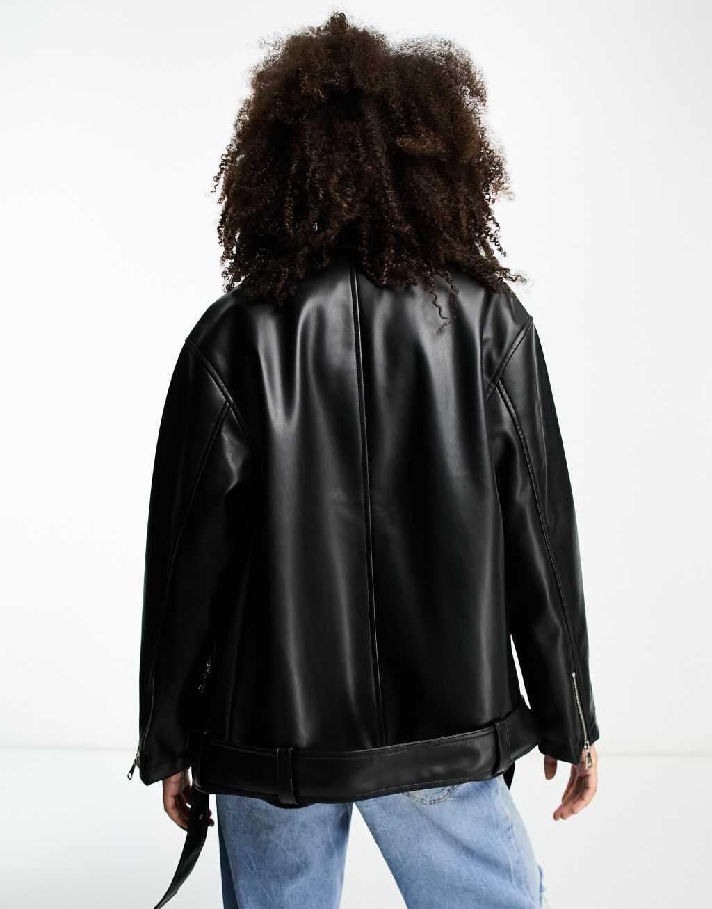 ASOS DESIGN longline oversized faux leather biker jacket Product Image