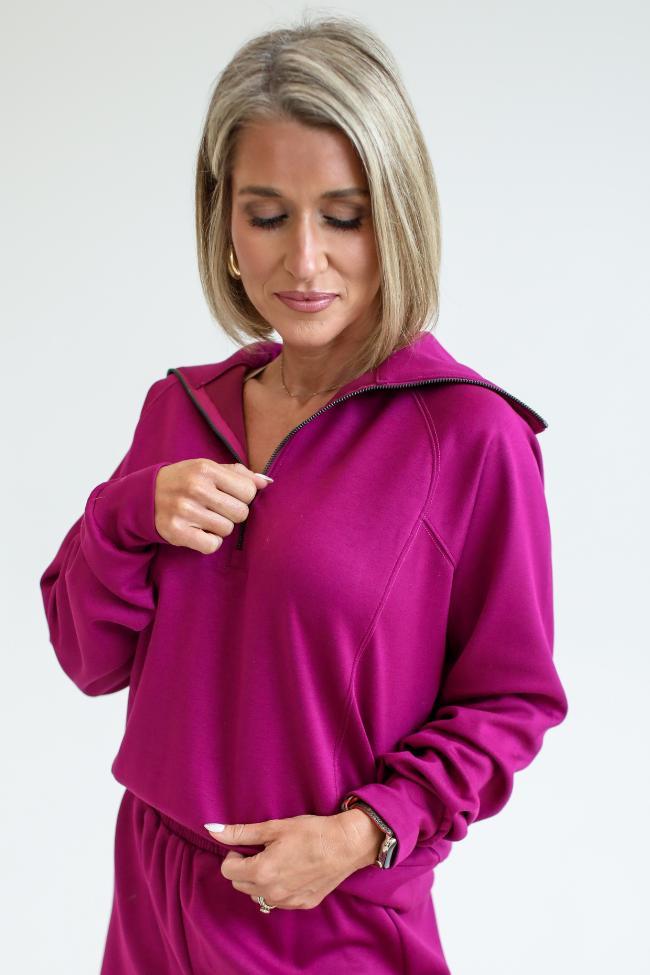 Let's Just Stay Plum Quarter Zip Knit Pullover Kalee Rogers X Pink Lily FINAL SALE Product Image