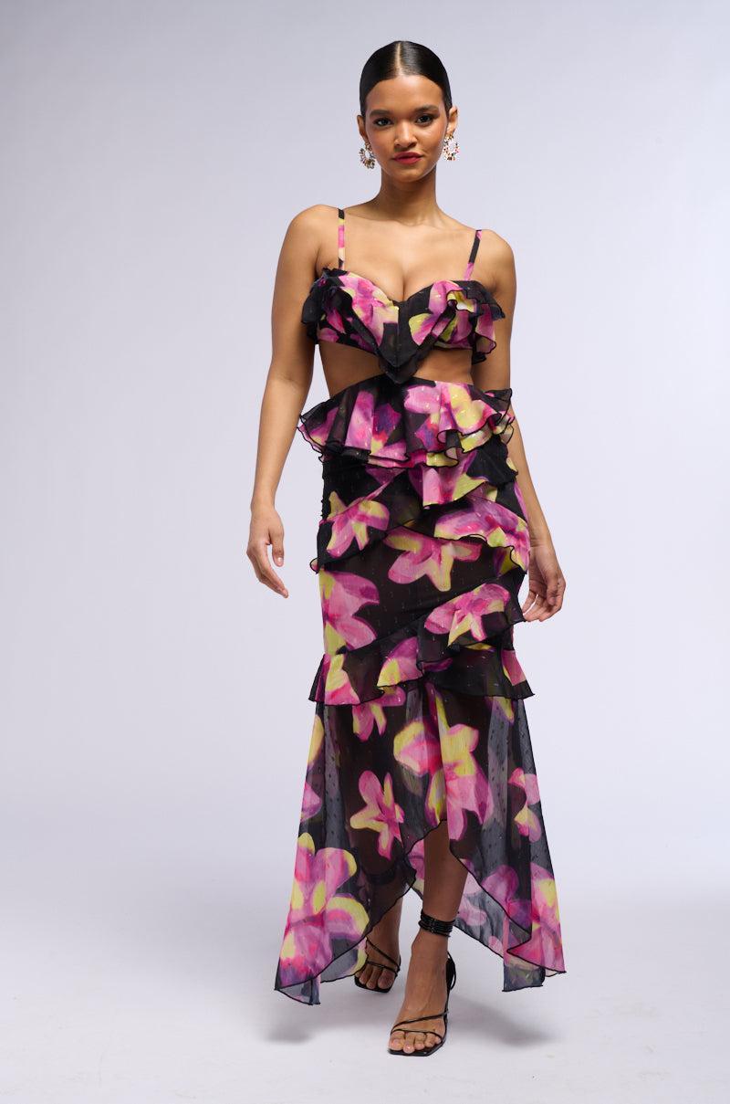 BRING MAY FLOWERS RUFFLED MIDI DRESS Product Image