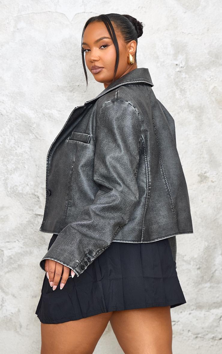 Plus Black Washed Faux Leather Cropped Blazer Jacket Product Image