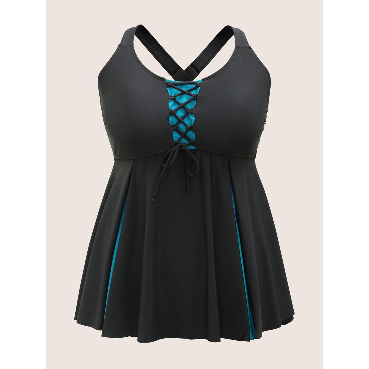 Plus Size Two Tone Patchwork Crisscross Neck Swim Top Women's Swimwear Black Beach Non High stretch Bodycon U-neck Curve Swim Tops BloomChic 22-24/3X Product Image