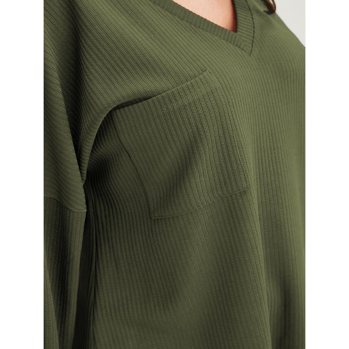 Plus Size Solid Drop Shoulder Pocket Arc Hem Rib Knit Sweatshirt Women ArmyGreen Elegant Plain V-neck Dailywear Sweatshirts BloomChic 18-20/2X Product Image