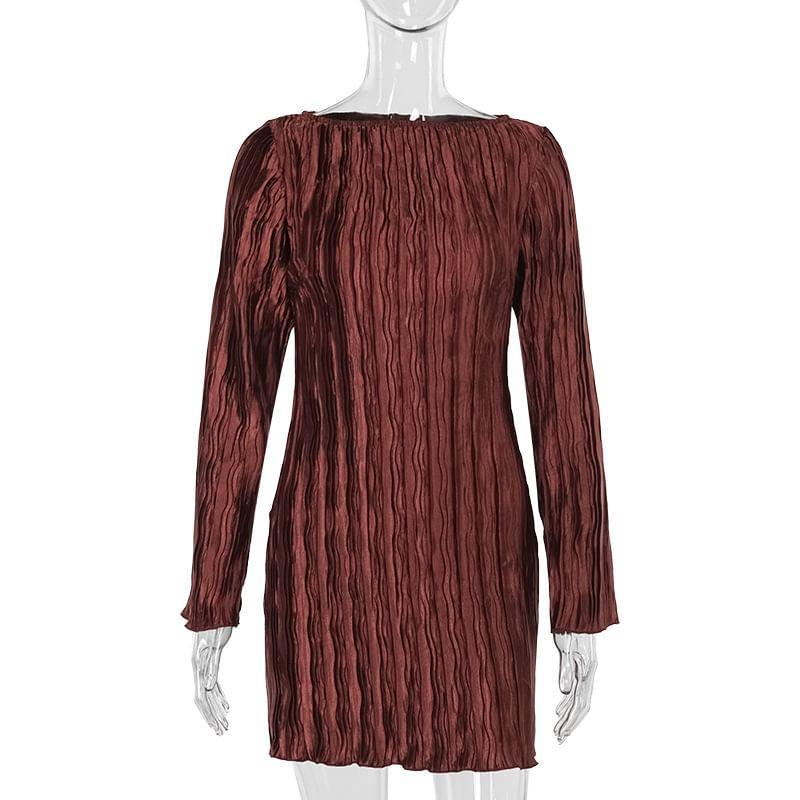 Long-Sleeve Crew Neck Plain Textured Mini Sheath Dress Product Image