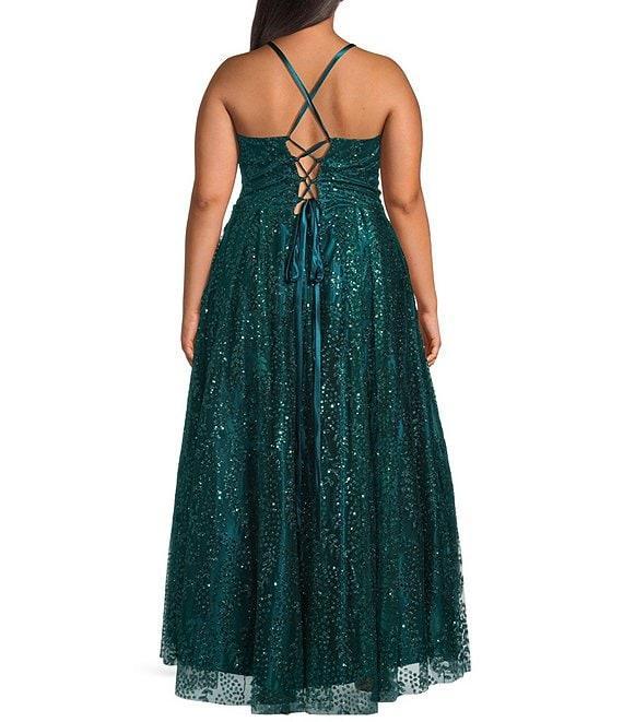 Blondie Nites Plus Size Glitter Pattern Sweetheart Neck Pinch Front Spaghetti Strap Tie Back Ballgown Product Image