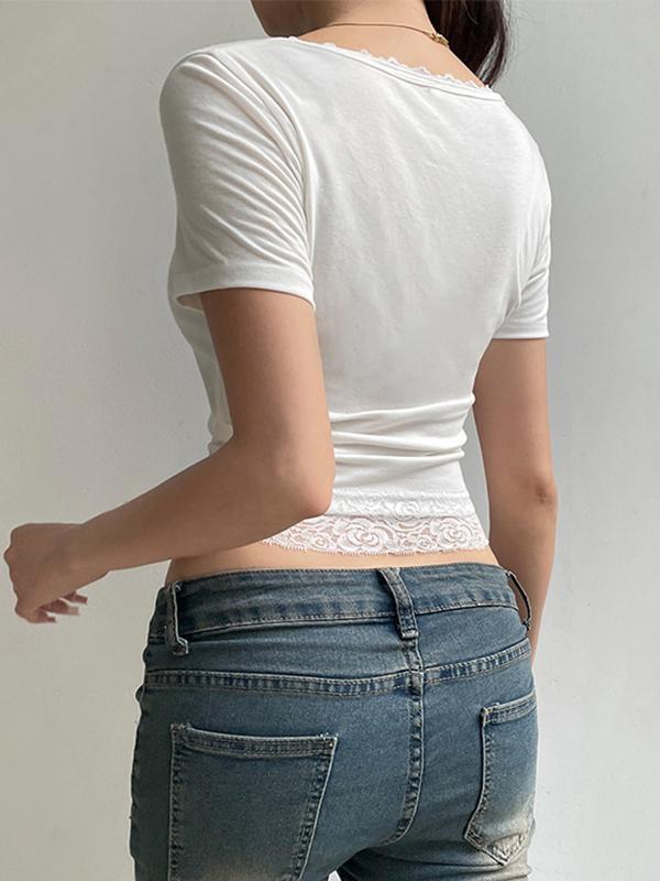 Lace Trim Splice Square Neck Crop Short Sleeve Tee Product Image