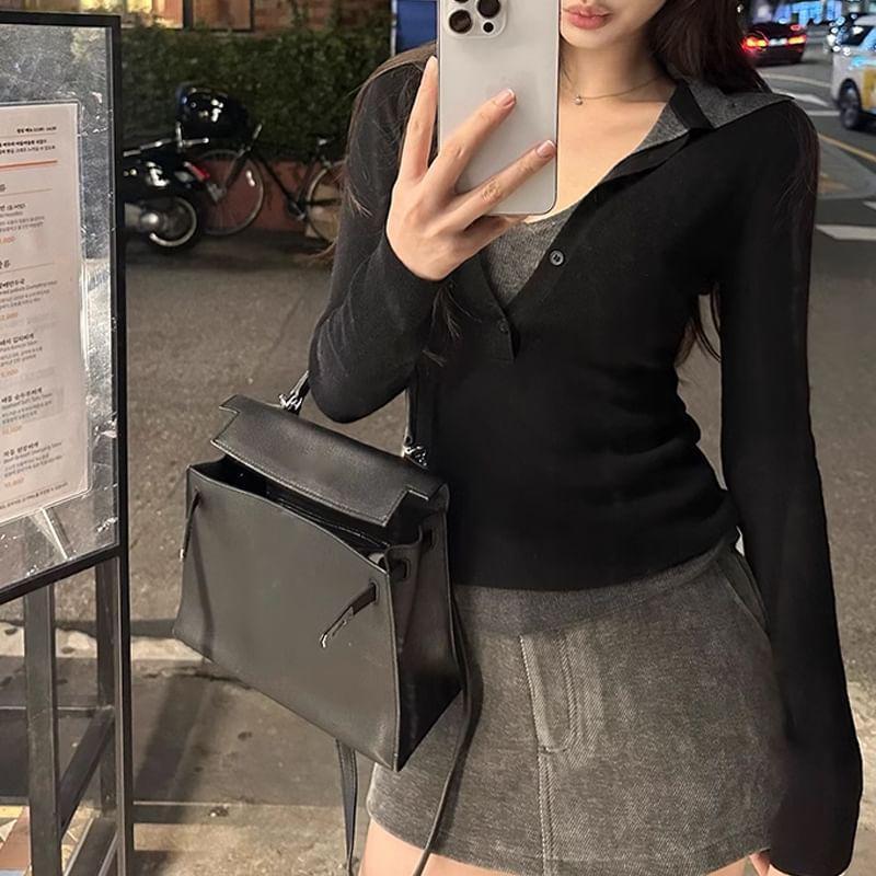 Long Sleeve Mock Two Piece Color-Block Slim-Fit Knit Top Product Image