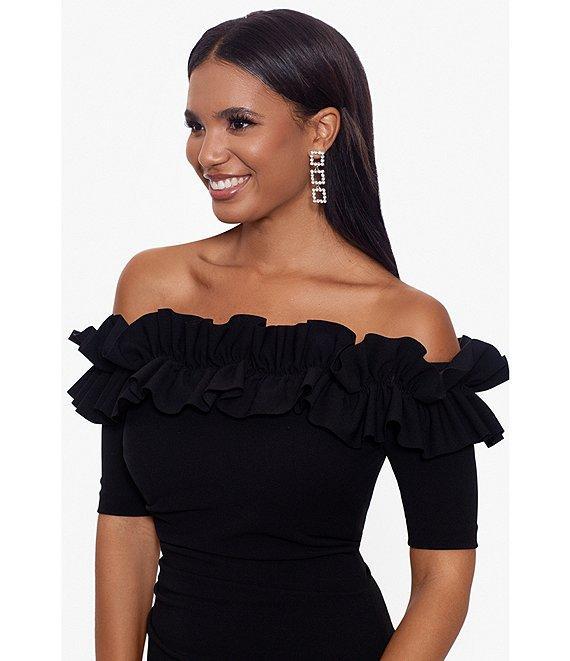 Xscape Off-the-Shoulder Ruffle Neck Short Sleeve Stretch Scuba Crepe Dress Product Image