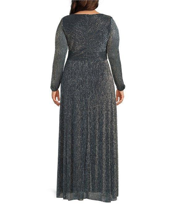 R & M Richards Plus Size Iridescent Mesh V-Neck Long Cut Out Sleeve Crinkle Pleated Dress Product Image
