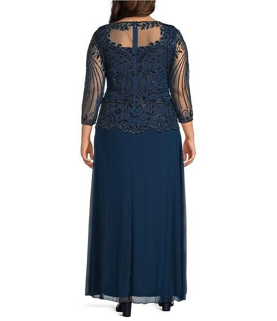 Pisarro Nights Plus Size Beaded Bodice Illusion Boat Neck 3/4 Sleeve A-Line Gown Product Image