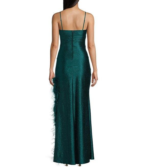Honey and Rosie Drape Sweetheart Neck Side Slit Faux Feather Boa Trim Long Dress Product Image
