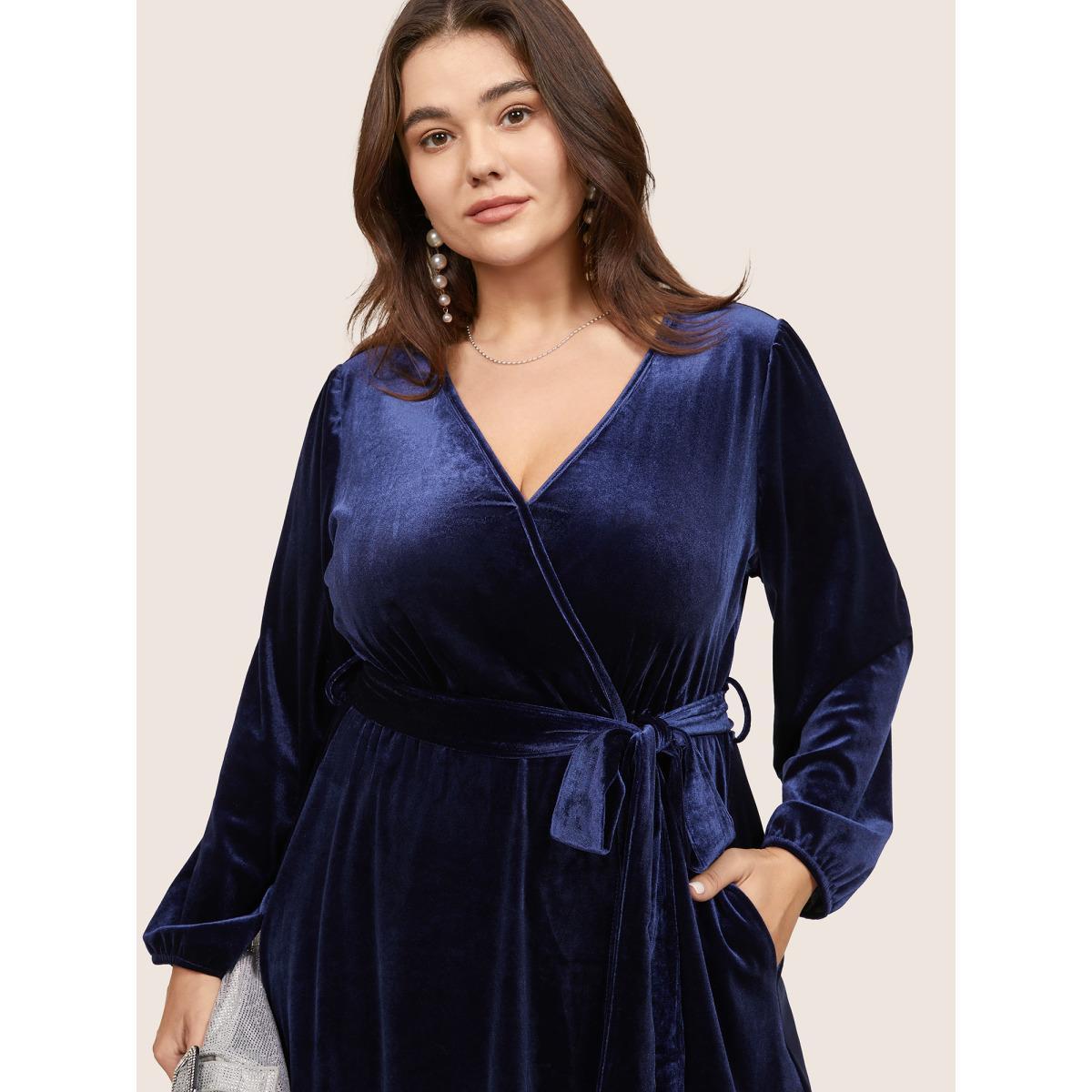Plus Size Solid Velvet Belted Wrap Arc Hem Dress DarkBlue Women Elegant Elastic cuffs Overlap Collar Long Sleeve Curvy Midi Dress BloomChic 10/M Product Image