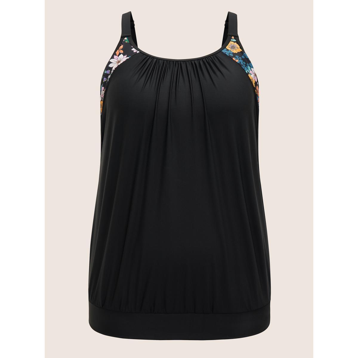 Plus Size U Neck Ditsy Floral Patchwork Gathered Swim Top Women's Swimwear Black Beach Gathered High stretch Bodycon U-neck Curve Swim Tops BloomChic 26/4X Product Image