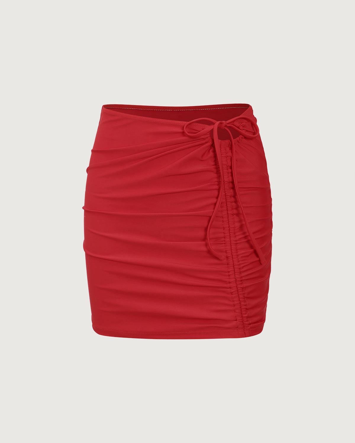 Red Ruched Drawstring Skirt Product Image