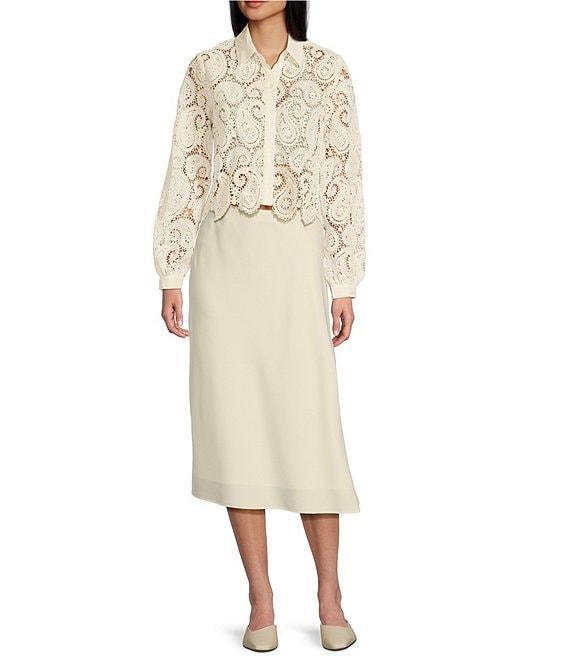 Evolutionary Collared Long Sleeve Paisley Crochet Button Front Top Product Image