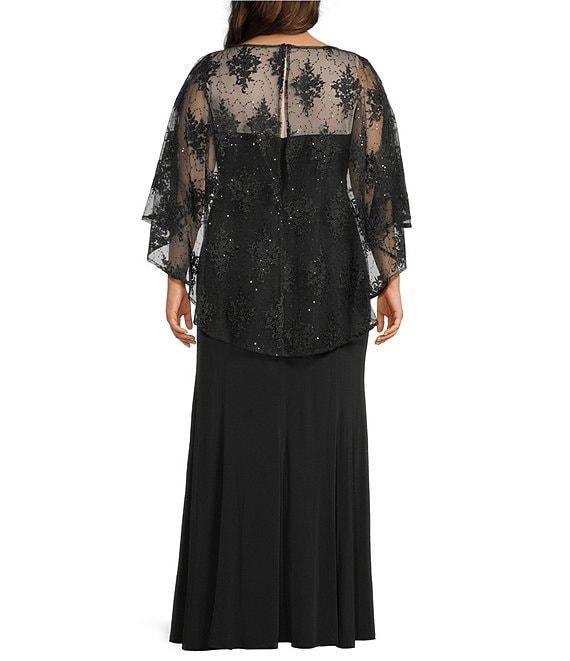 R & M Richards Plus Size Sweetheart Neck Embroidered Sequin Mesh Cape Overlay Dress Product Image