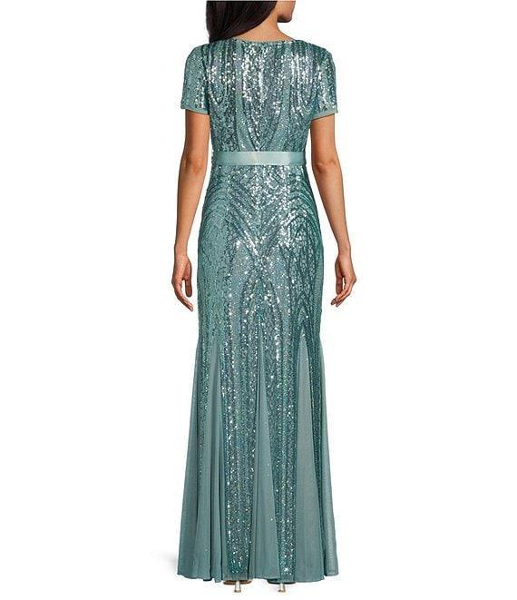 R & M Richards Short Sleeve Crew Neck Godet Skirt Beaded Rainbow Sequin Power Mesh Gown Product Image