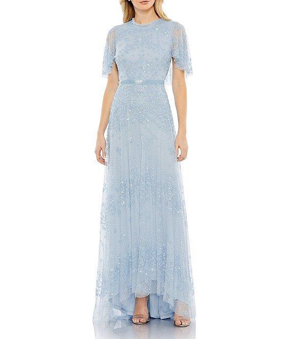 Mac Duggal Sequined Mock Neck Short Flutter Sleeve Asymmetrical Hem Gown Product Image