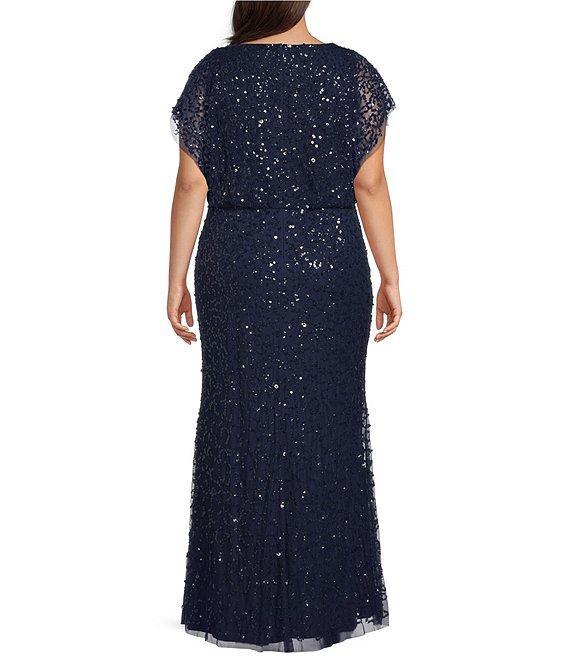 Adrianna Papell Plus Size Boat Neck Short Sleeve Beaded Mesh Blouson Gown Product Image