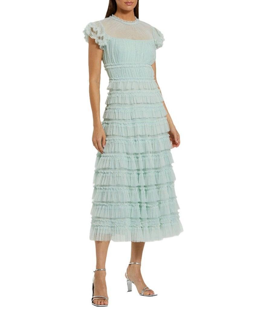 Mac Duggal Illusion Mock Neck Cap Sleeve Mesh Micro Ruffle A-Line Midi Dress Product Image