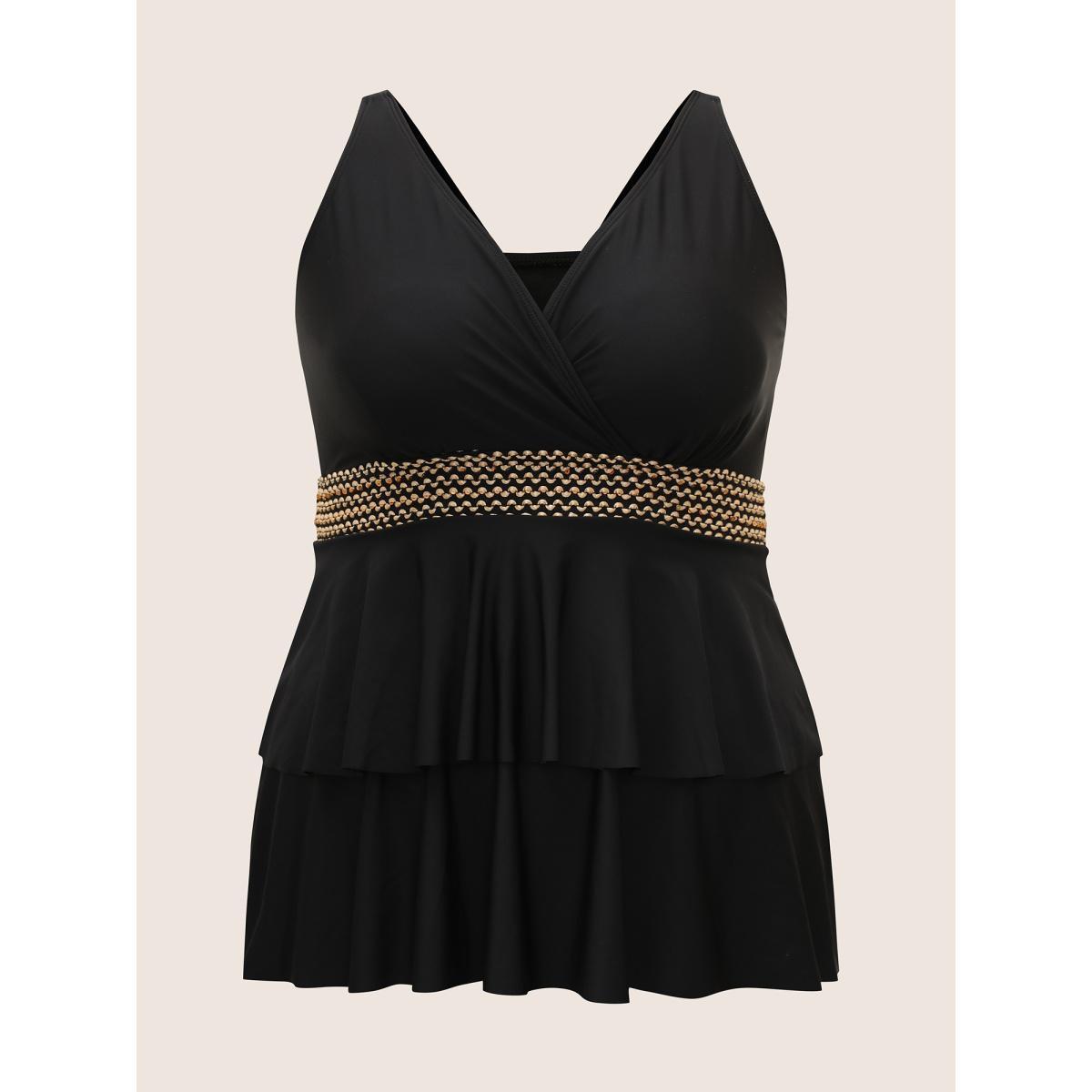 Plus Size V Neck Tiered Ruffles Contrast Webbing Swim Top Women's Swimwear Black Beach Patchwork High stretch Bodycon Overlap Collar Curve Swim Tops BloomChic 22-24/3X Product Image