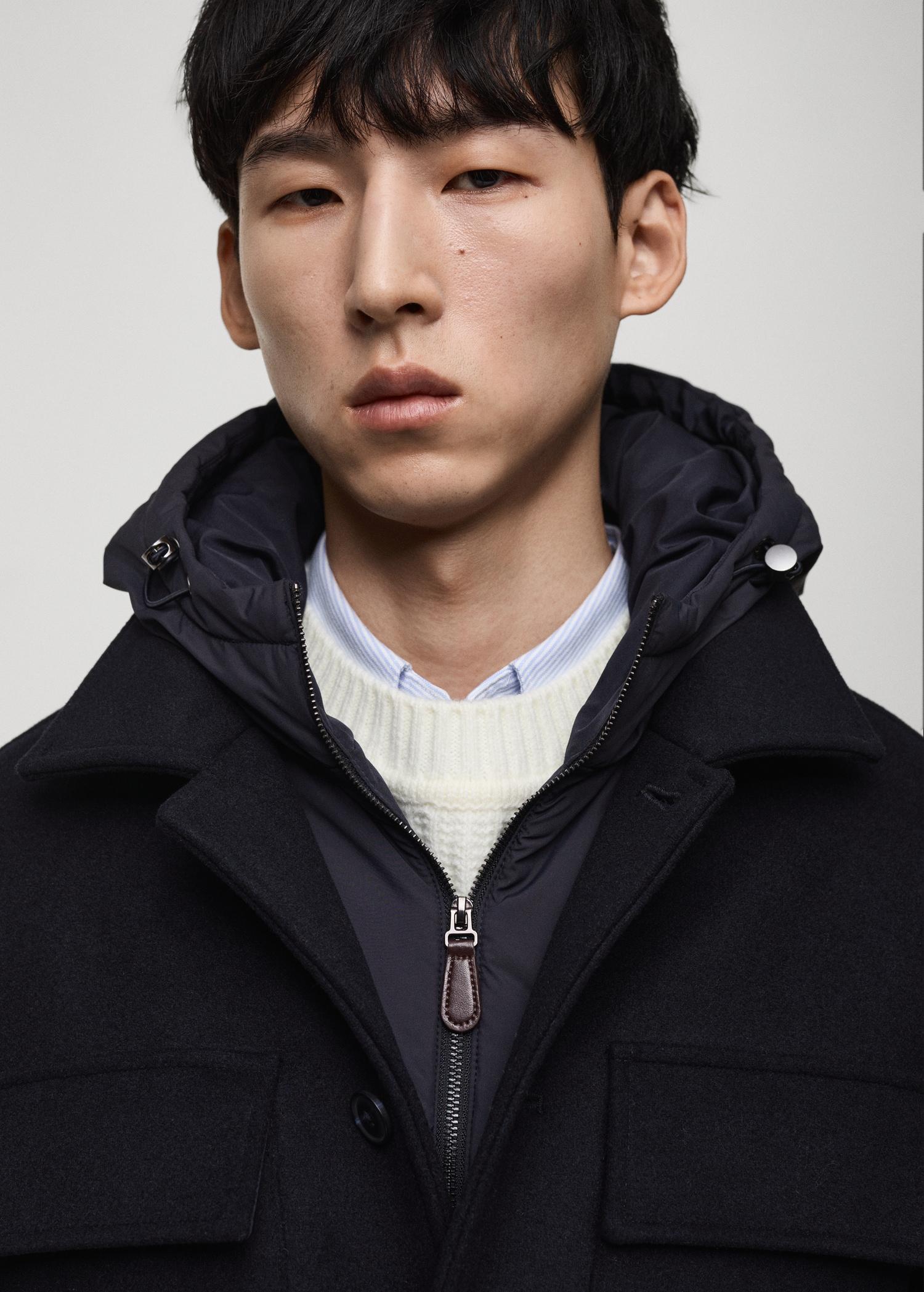 Wool blend coat with detachable hood - Men | MANGO USA Product Image