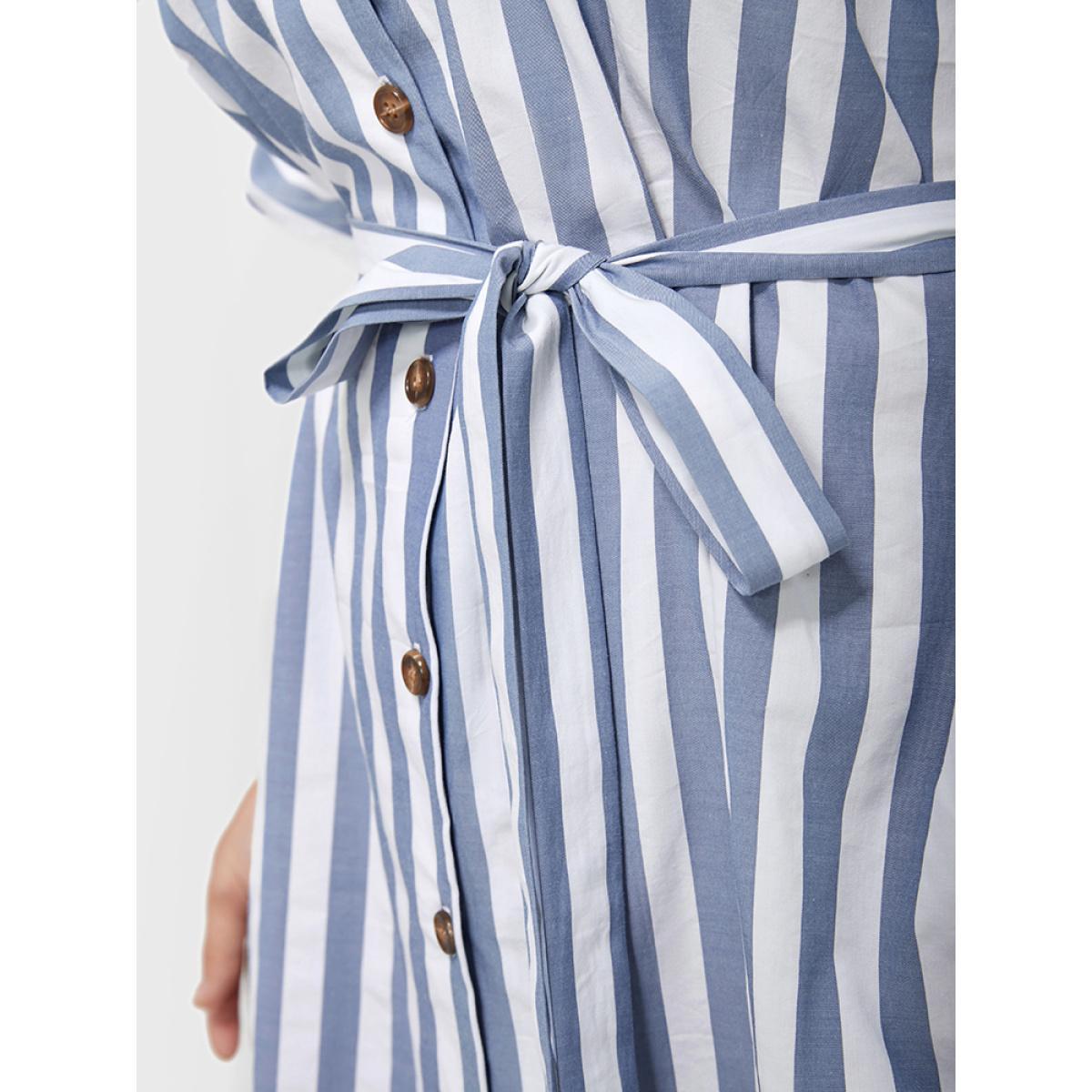 Plus Size Striped V Neck Button Belted Knee Dress Blue Women Office Gathered V-neck Short sleeve Curvy BloomChic 28/5X Product Image