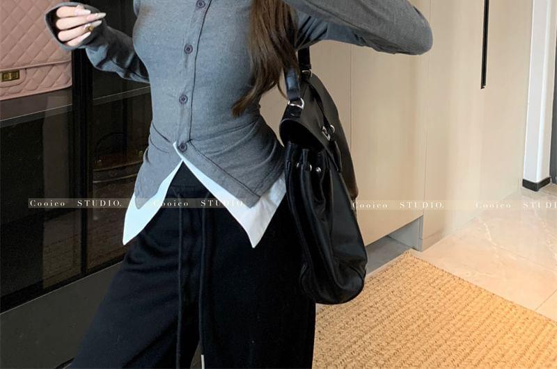 Long-Sleeve Turtleneck Mock Two-Piece Two Tone Button-Up Slim Fit Top Product Image