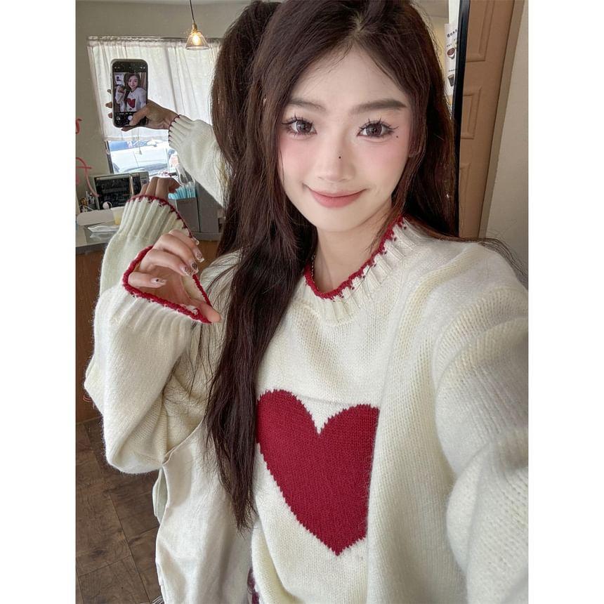 Crew Neck Heart Jacquard Sweater Product Image