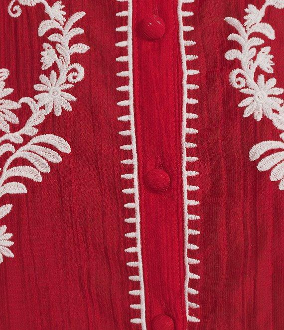Calessa Embroidered Split Ruffle V-Neck Shoulder 3/4 Sleeve Button Front Tunic Product Image