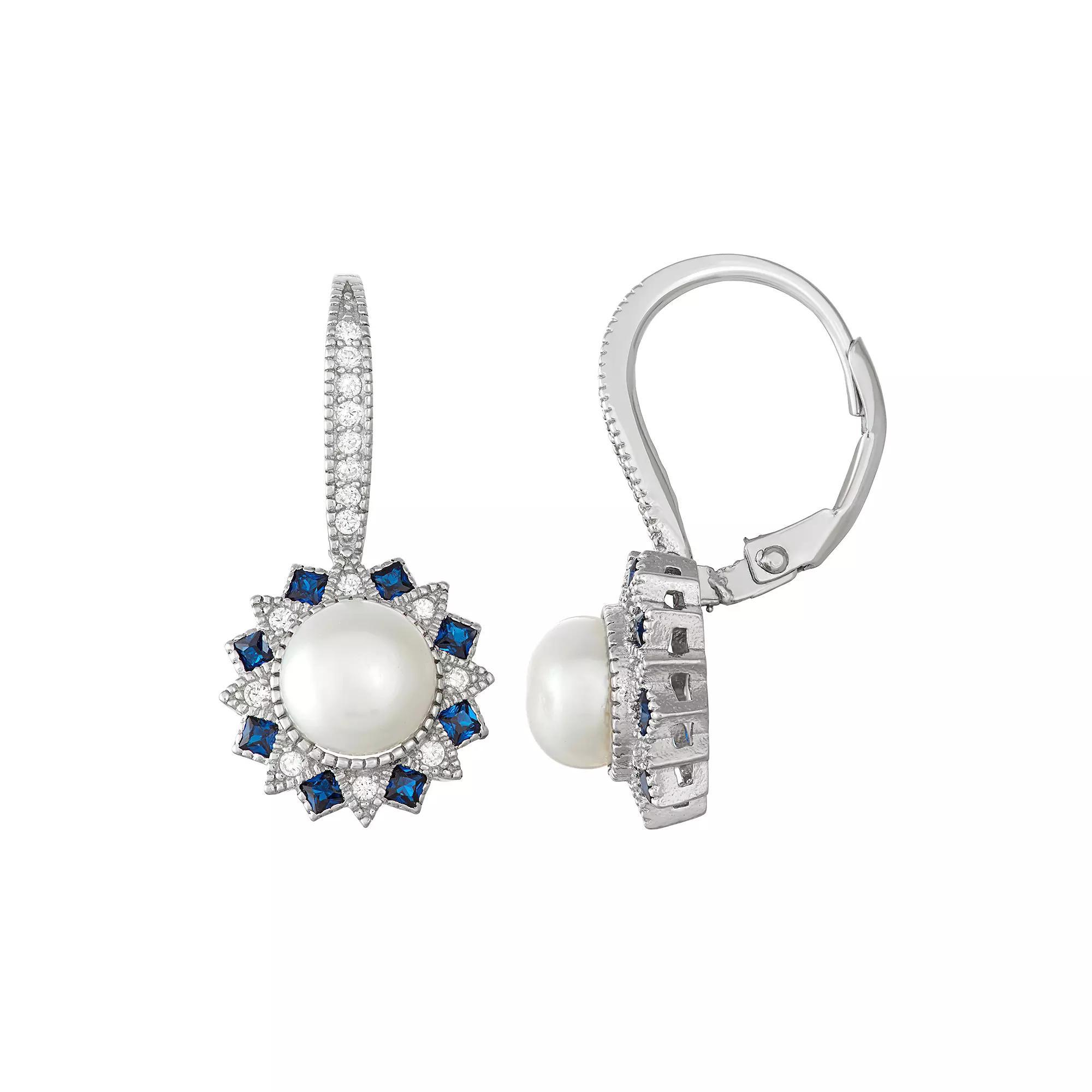 Sterling Silver Freshwater Cultured Pearl & Lab-Created Blue Spinel Drop Earrings, Women's Product Image