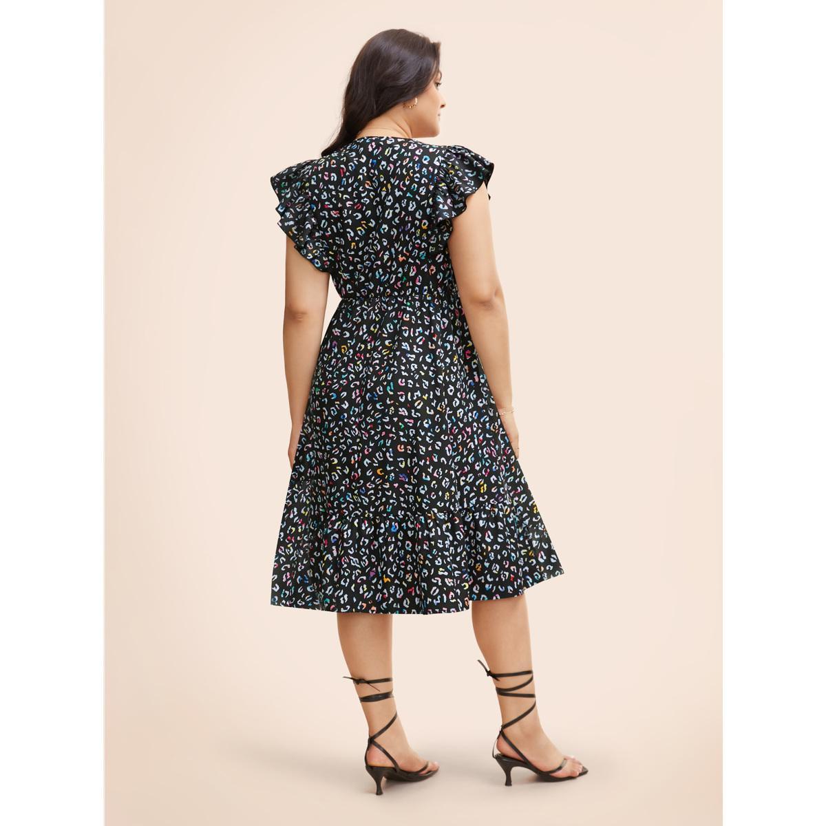 Plus Size Multi-color Leopard Print Elastic Waist Midi Dress Black Women Elegant Ruffles V-neck Cap Sleeve Curvy BloomChic 22-24/3X Product Image
