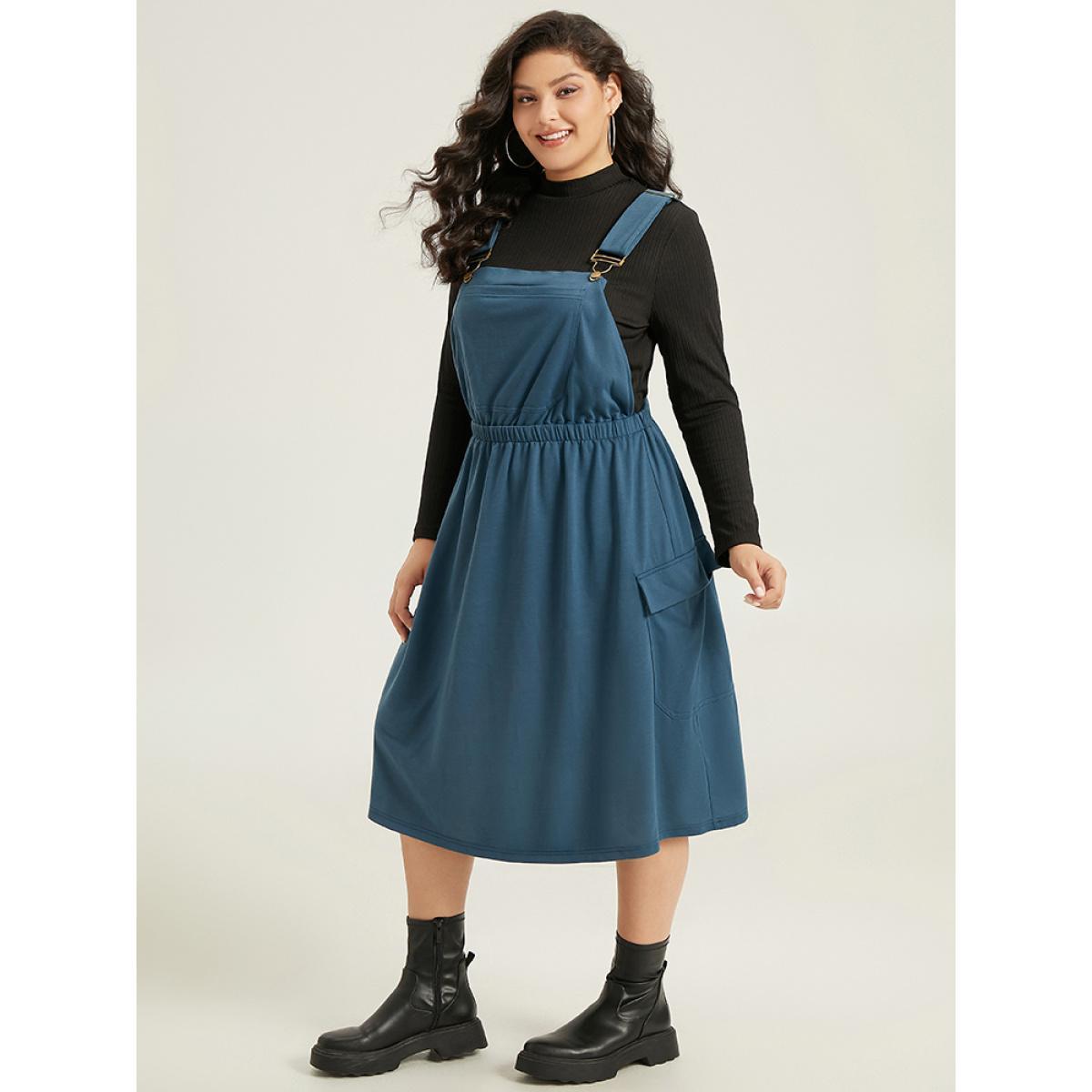 Plus Size Solid Adjustable Straps Elastic Waist Dress Indigo Women Casual Adjustable Straps Spaghetti Strap Sleeveless Curvy Midi Dress BloomChic 14-16/1X Product Image