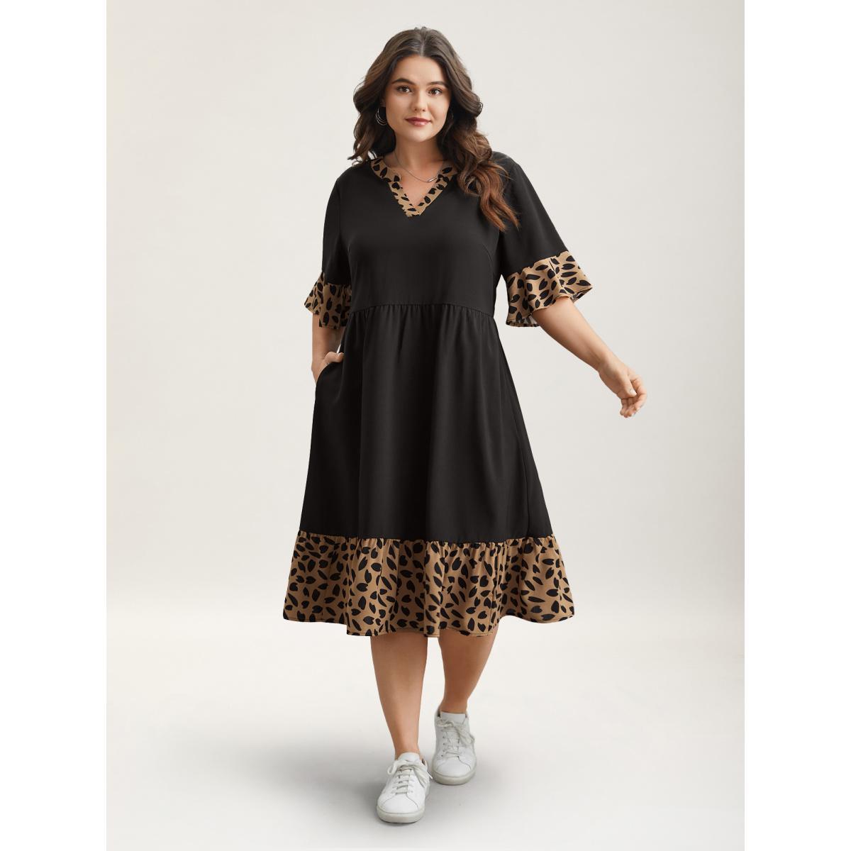 Plus Size Leopard Print Spliced Tiered Midi Dress Black Women Casual Patchwork Flat collar Half Sleeve Curvy BloomChic 18-20/2X Product Image