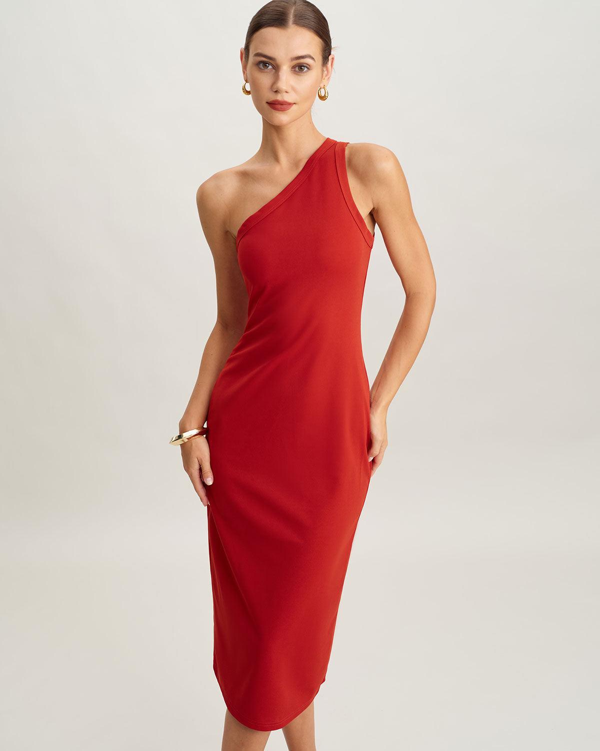 Red Knit One shoulder Midi Dress Product Image