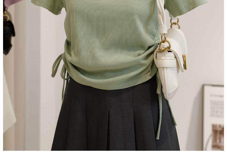 Short-Sleeve Crew Neck Plain Lace Up T-Shirt Product Image