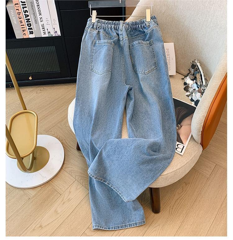 Plus Size High Waist Splash Print Washed Wide Leg Jeans Product Image