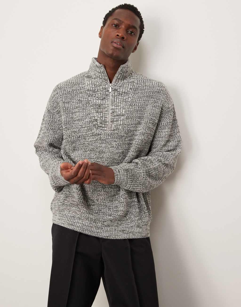 ASOS DESIGN knit oversized fisherman ribbed quarter zip sweater in gray Product Image