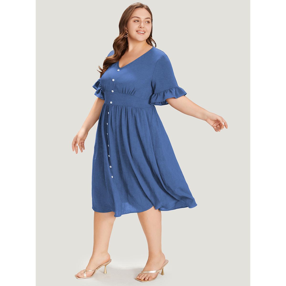 Plus Size Solid Bell Sleeve Button Detail Pocket Gathered Dress DarkBlue Women Elegant V-neck Half Sleeve Curvy Midi Dress BloomChic 30/6X Product Image