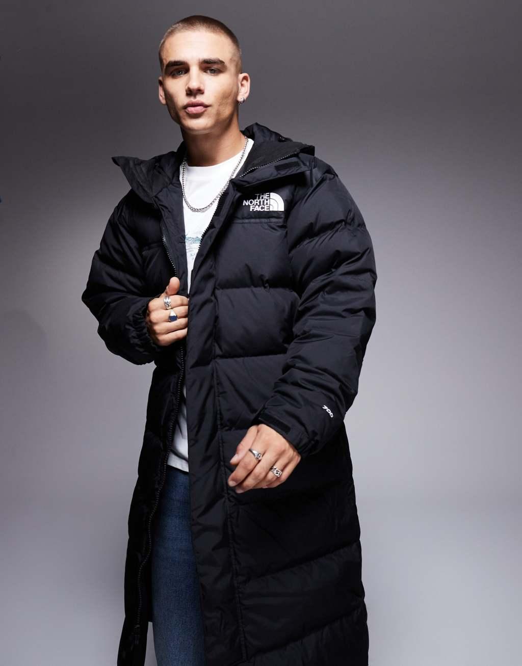 The North Face Nuptse down puffer hooded long parka jacket in black Product Image