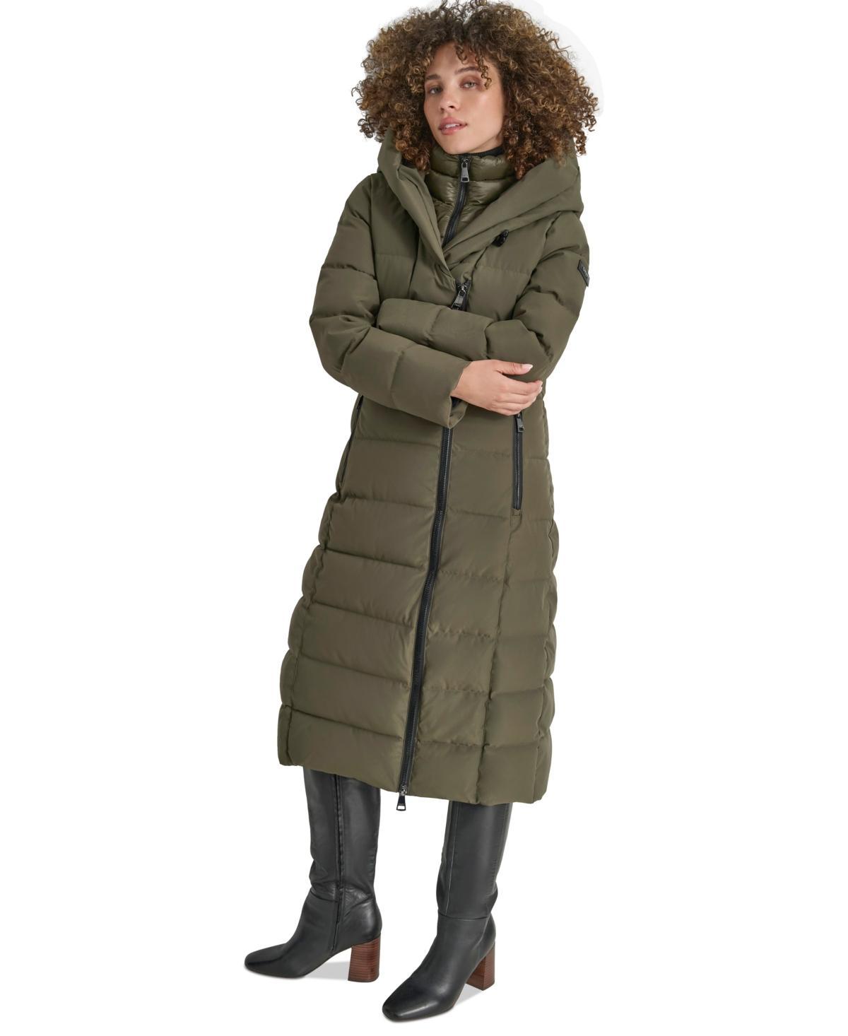 Dkny Womens Bibbed Shawl Collar Hooded Puffer Coat Product Image