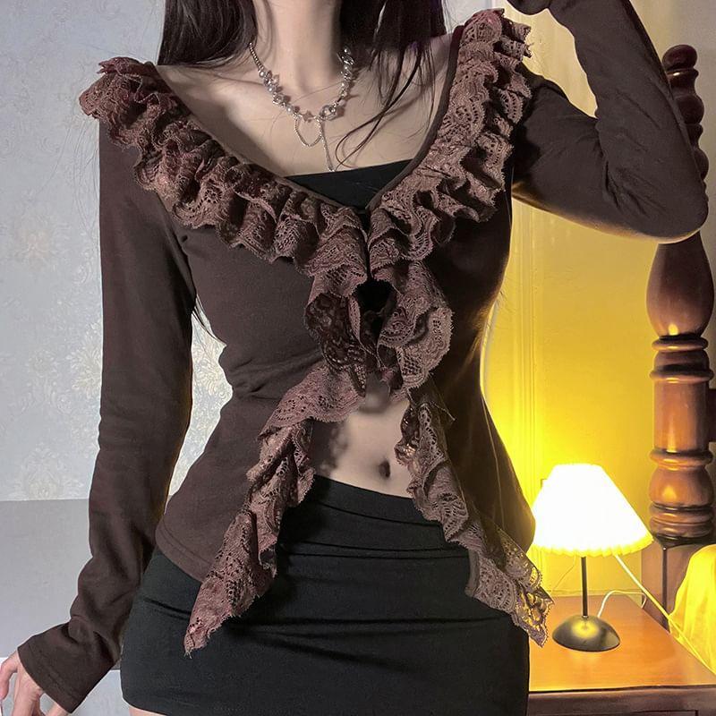 Long Sleeve V-Neck Ruffle Trim Crop Top Product Image