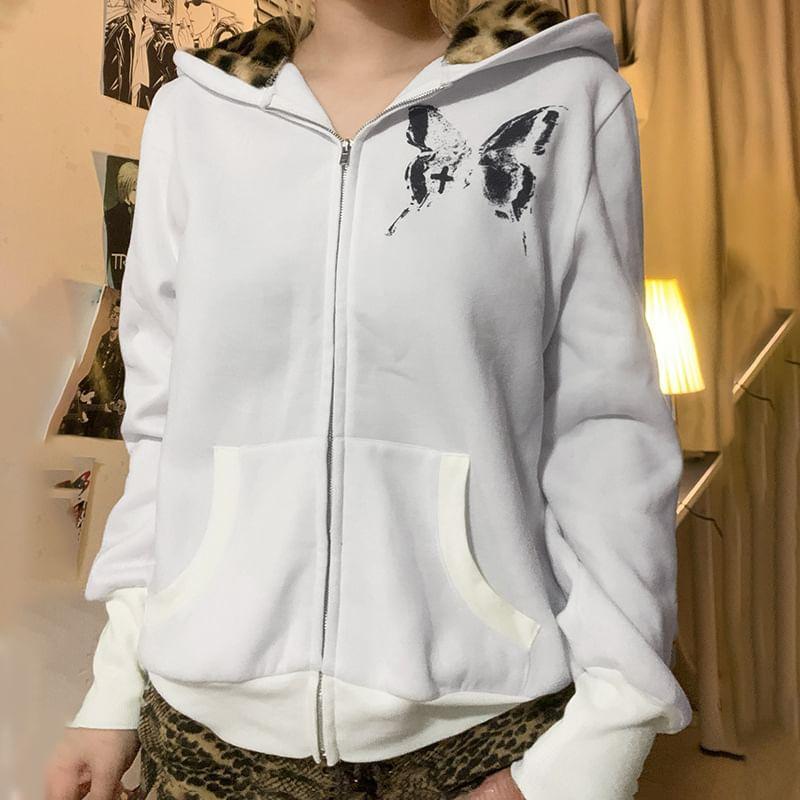 Butterfly Print Zip-Up Hoodie Product Image