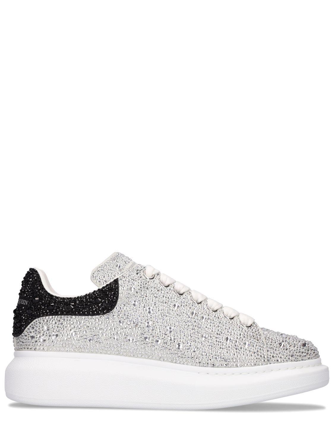 ALEXANDER MCQUEEN Oversized Leather Sneakers With Crystal Detailing For Women In White Silver Product Image