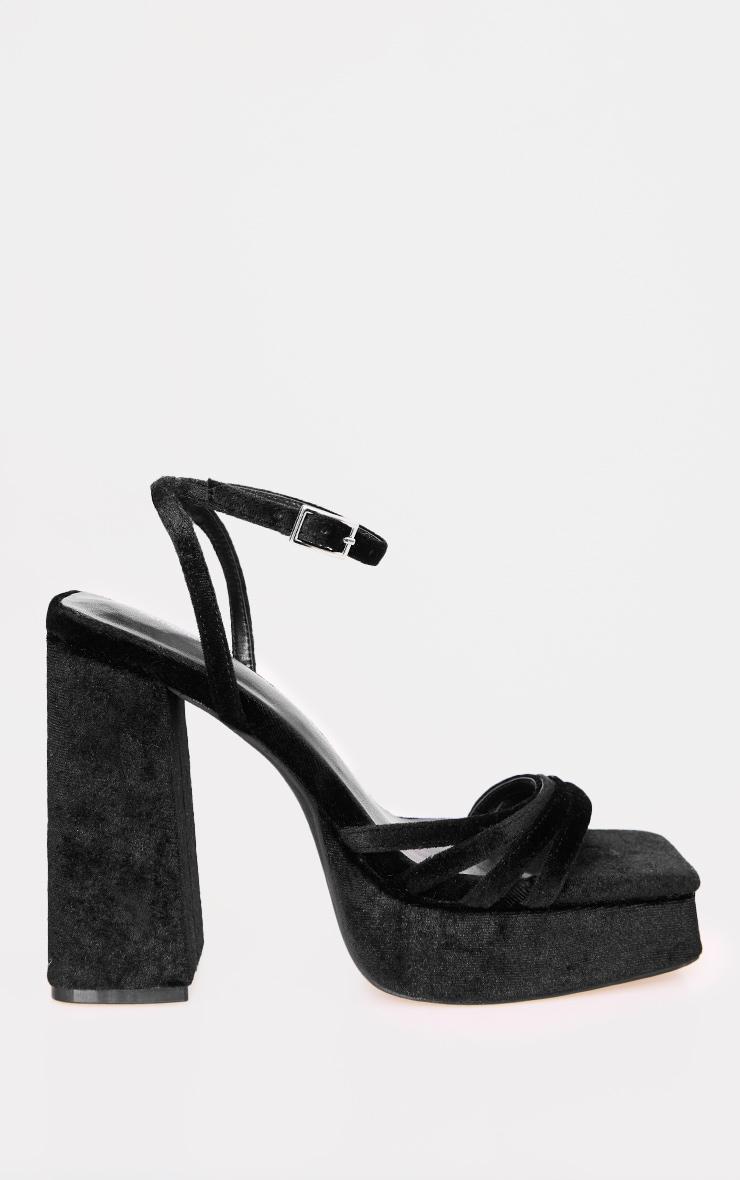 Black Velvet Square Toe Strappy Block Platform Heels Product Image