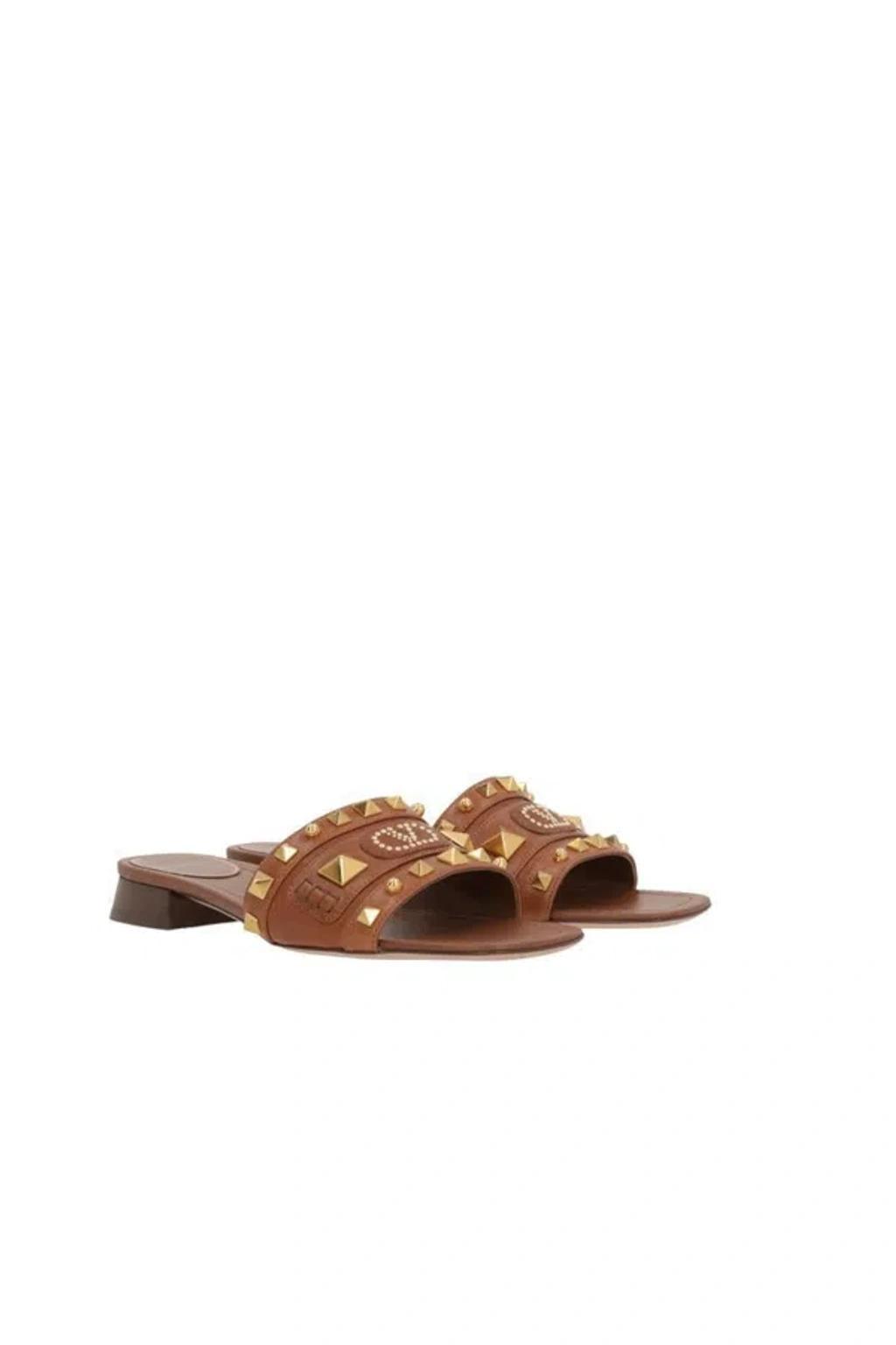 VALENTINO GARAVANI Rockstud Square Toe Slip-on Sandals In Brown Product Image