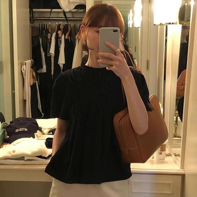 Short-Sleeve Crewneck Frill Trim Plain Blouse Product Image